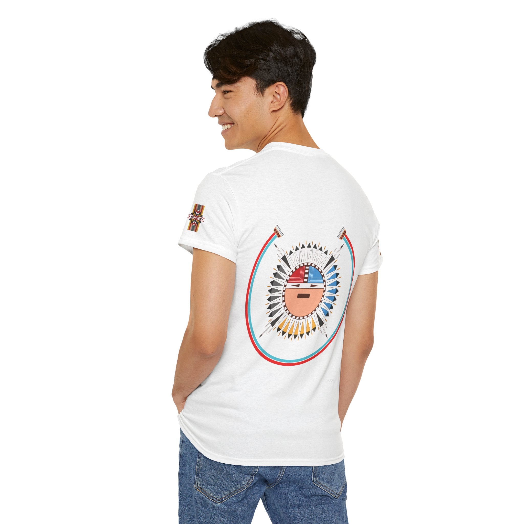 Navajo Sun Graphic Tee — Circular Tribal Shield Chest & Back Print