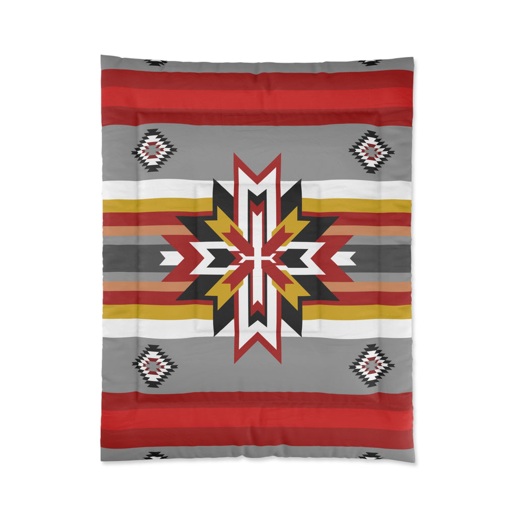 Southwestern Star Comforter – Native Geometric Stripe Bedding in Red, Gray & Gold