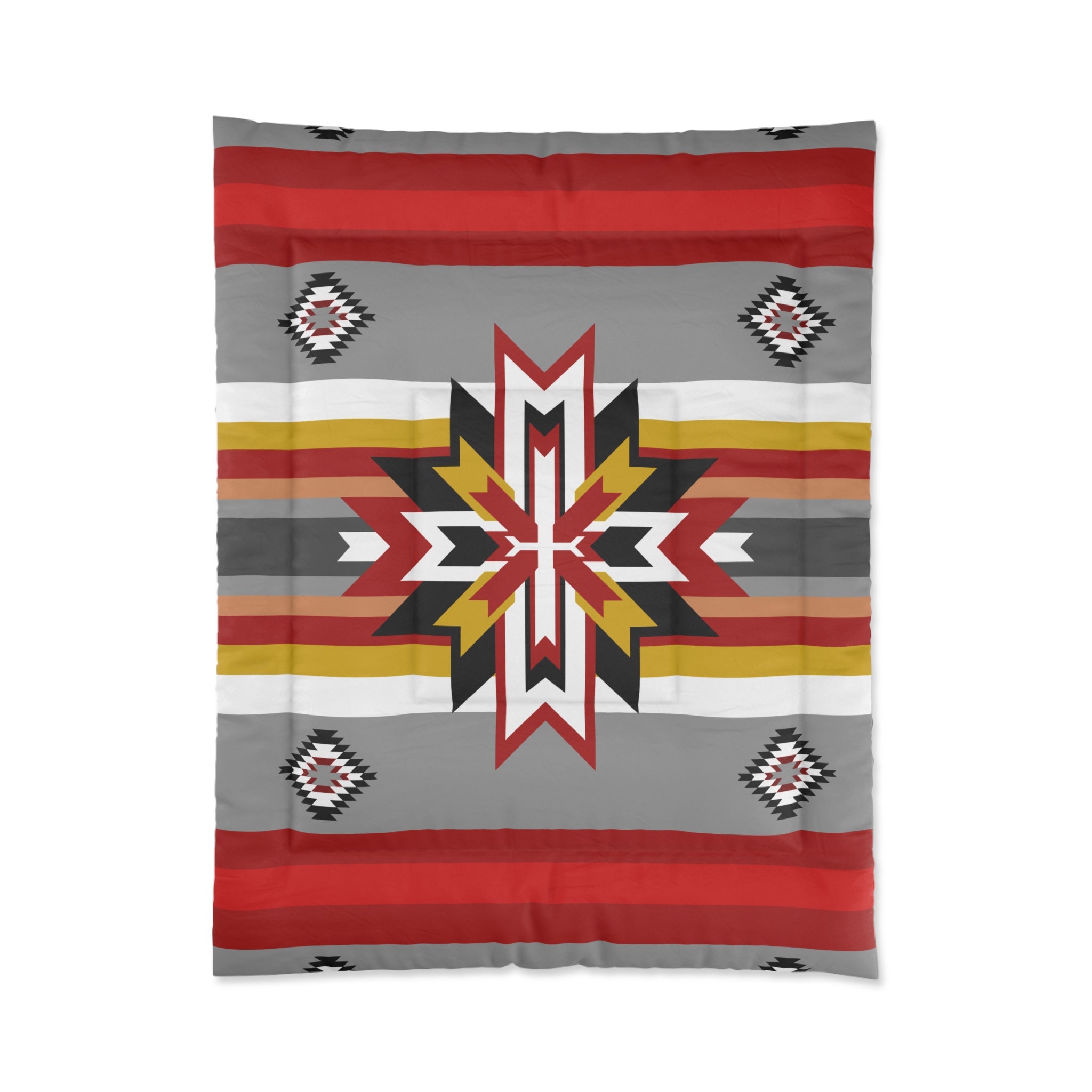 Southwestern Star Comforter – Native Geometric Stripe Bedding in Red, Gray & Gold