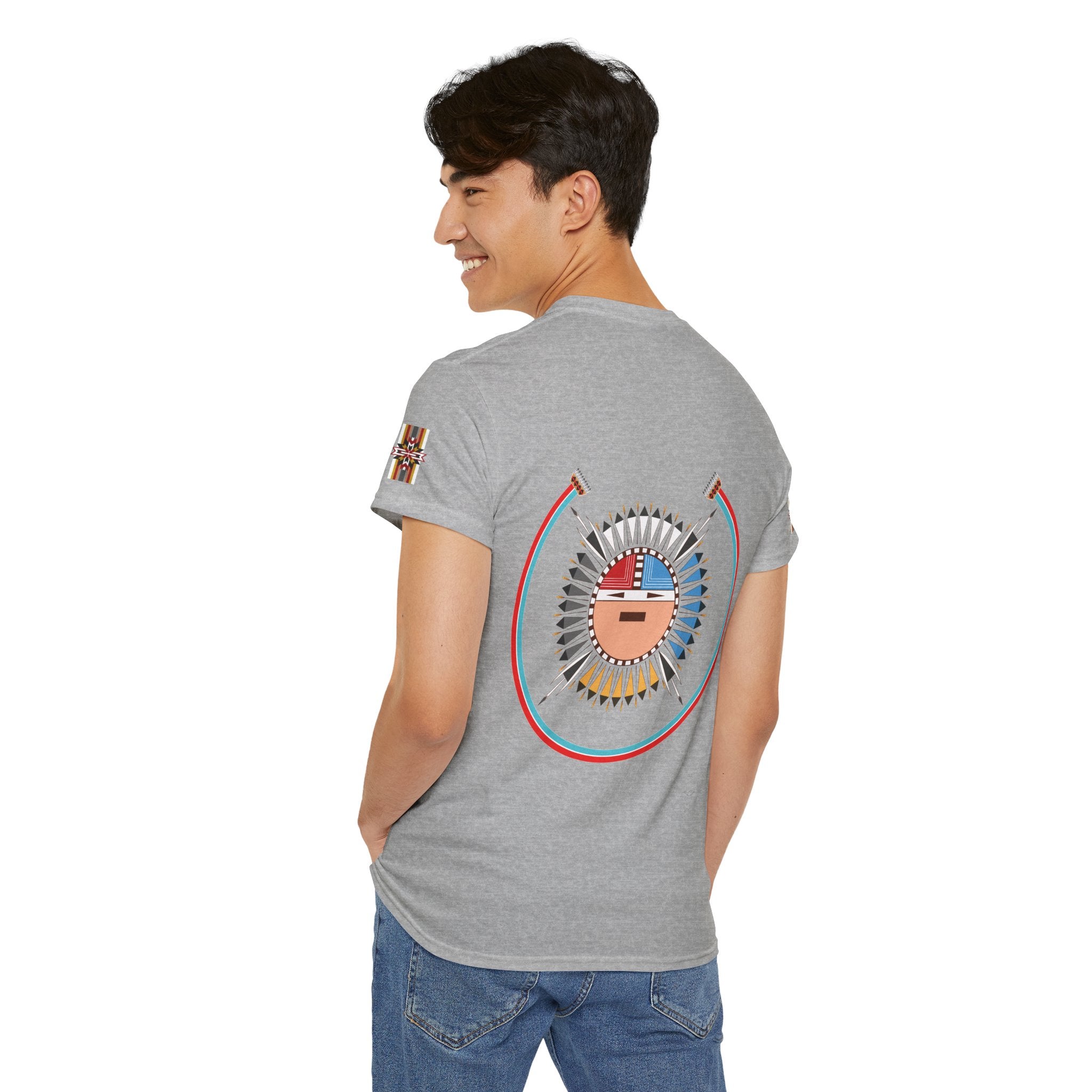 Navajo Sun Graphic Tee — Circular Tribal Shield Chest & Back Print
