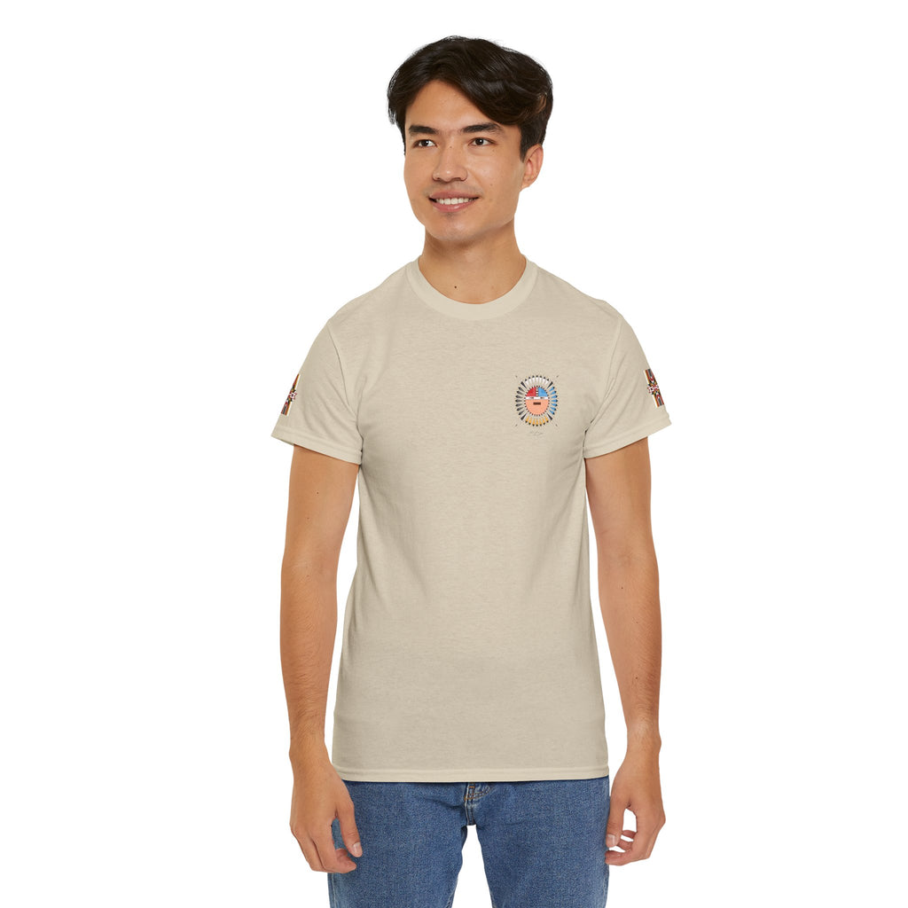 Navajo Sun Graphic Tee — Circular Tribal Shield Chest & Back Print
