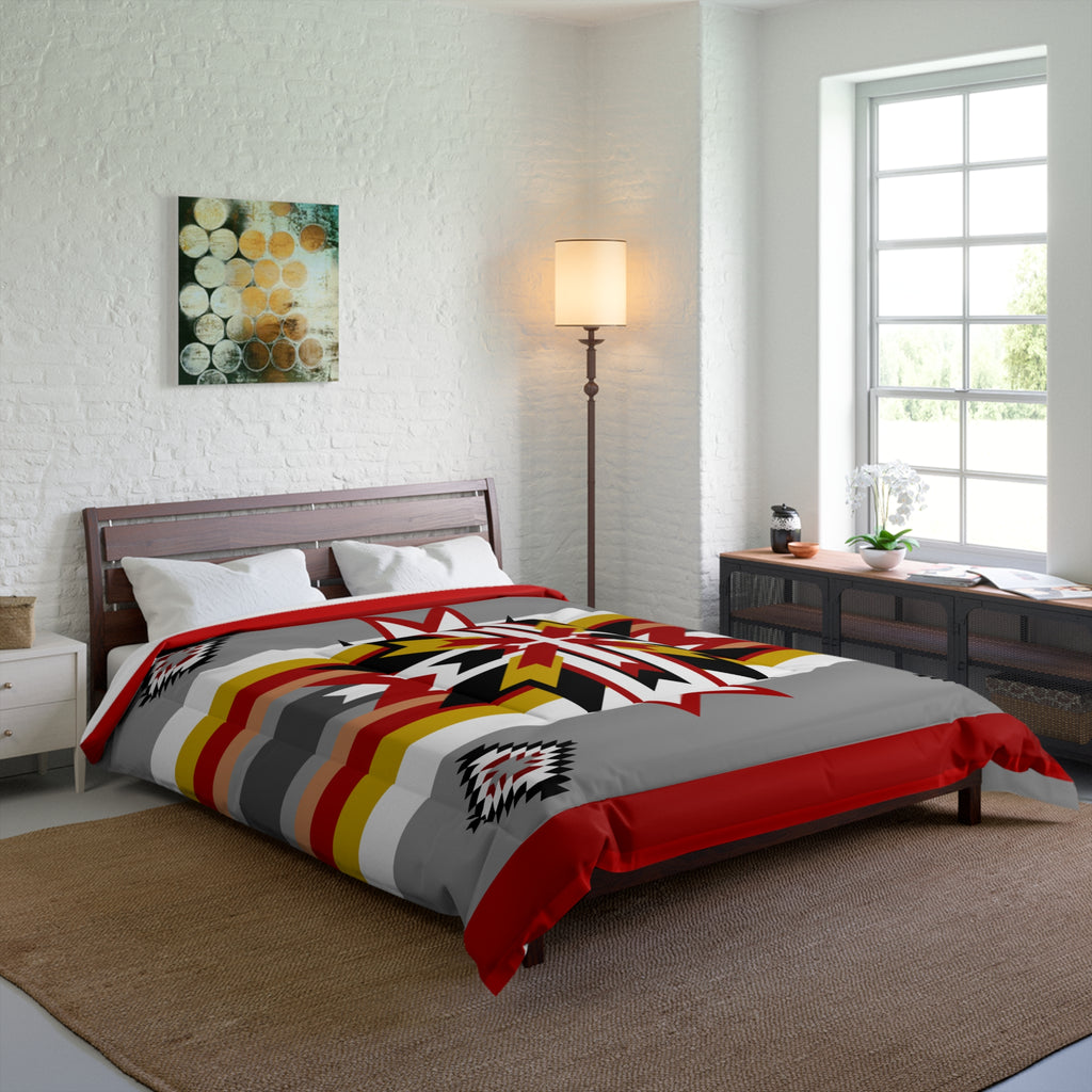 Southwestern Star Comforter – Native Geometric Stripe Bedding in Red, Gray & Gold
