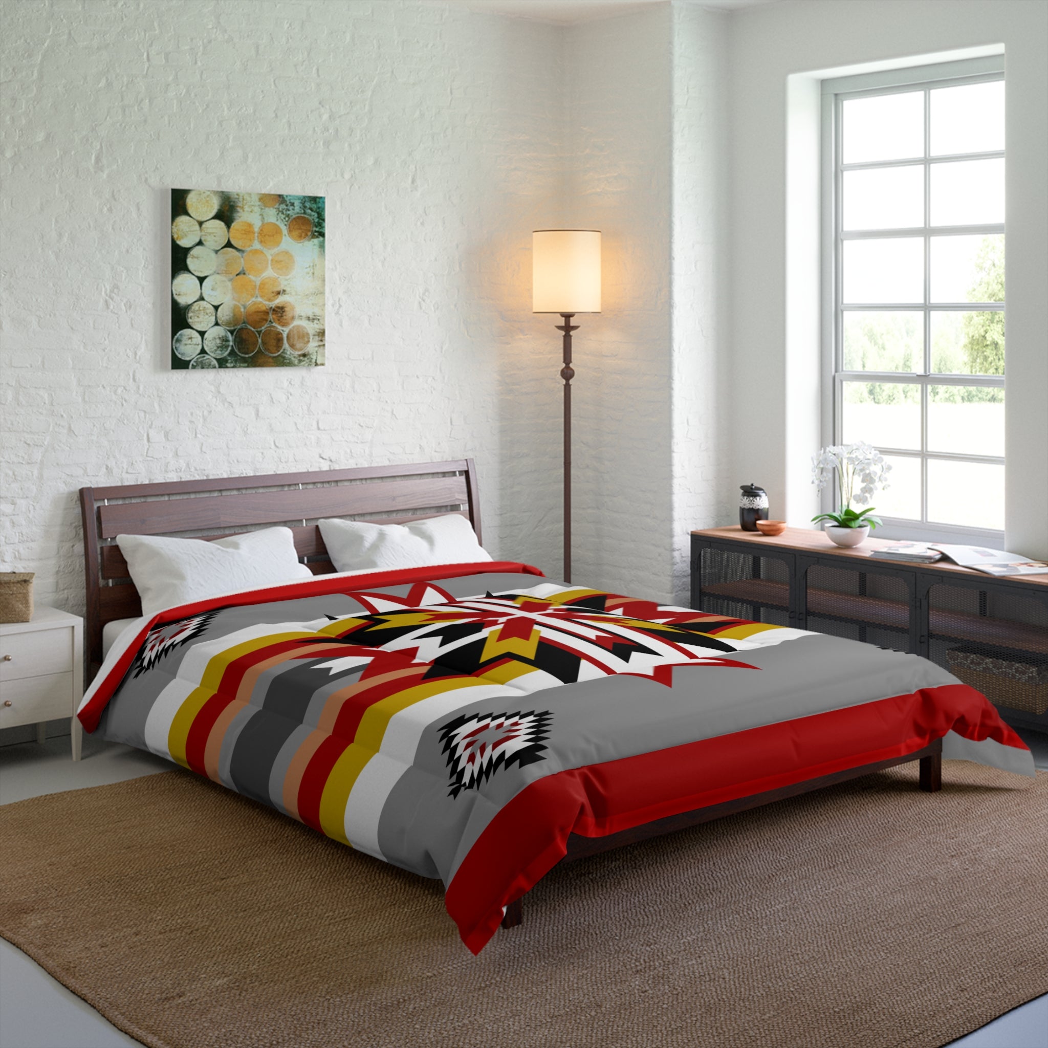 Southwestern Star Comforter – Native Geometric Stripe Bedding in Red, Gray & Gold