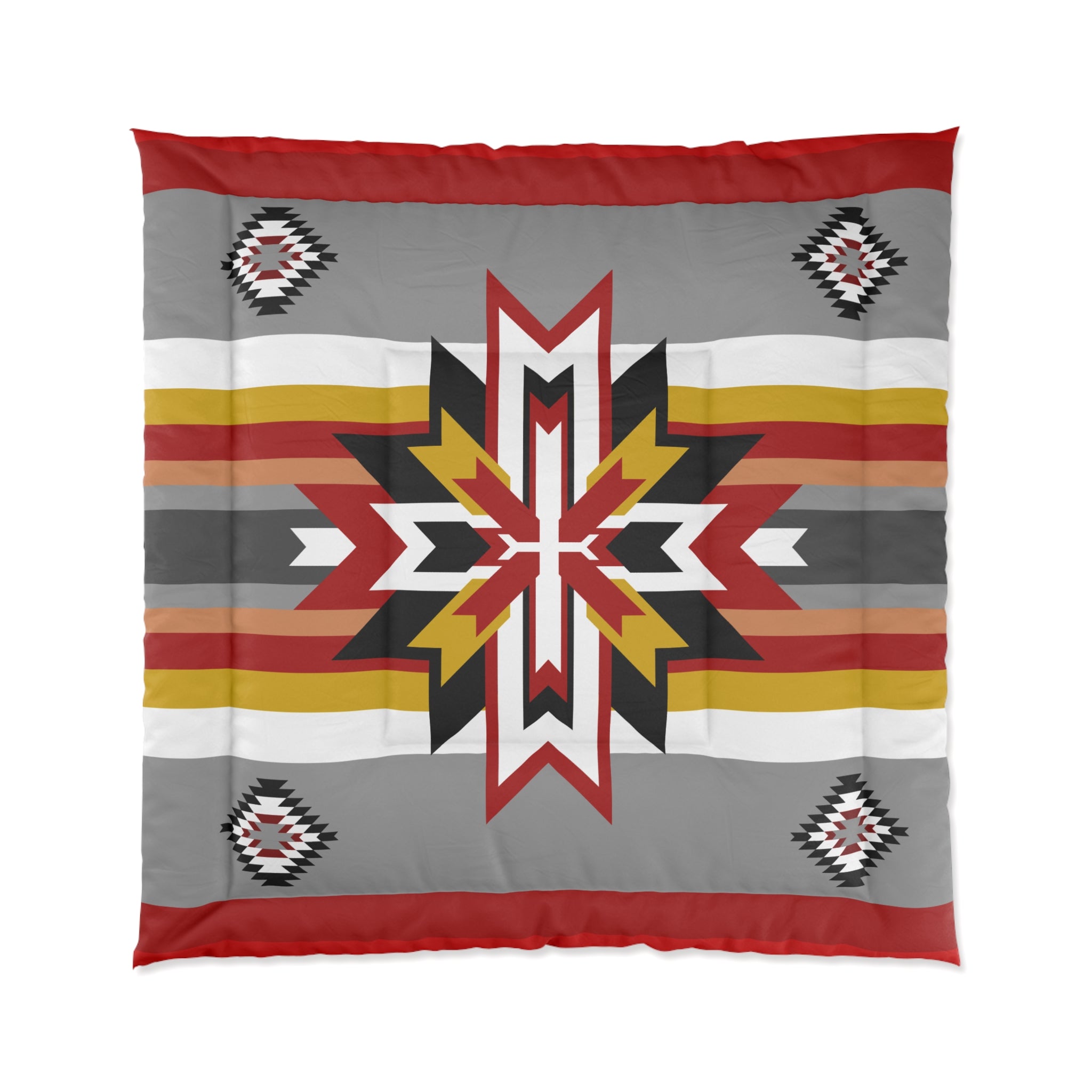 Southwestern Star Comforter – Native Geometric Stripe Bedding in Red, Gray & Gold