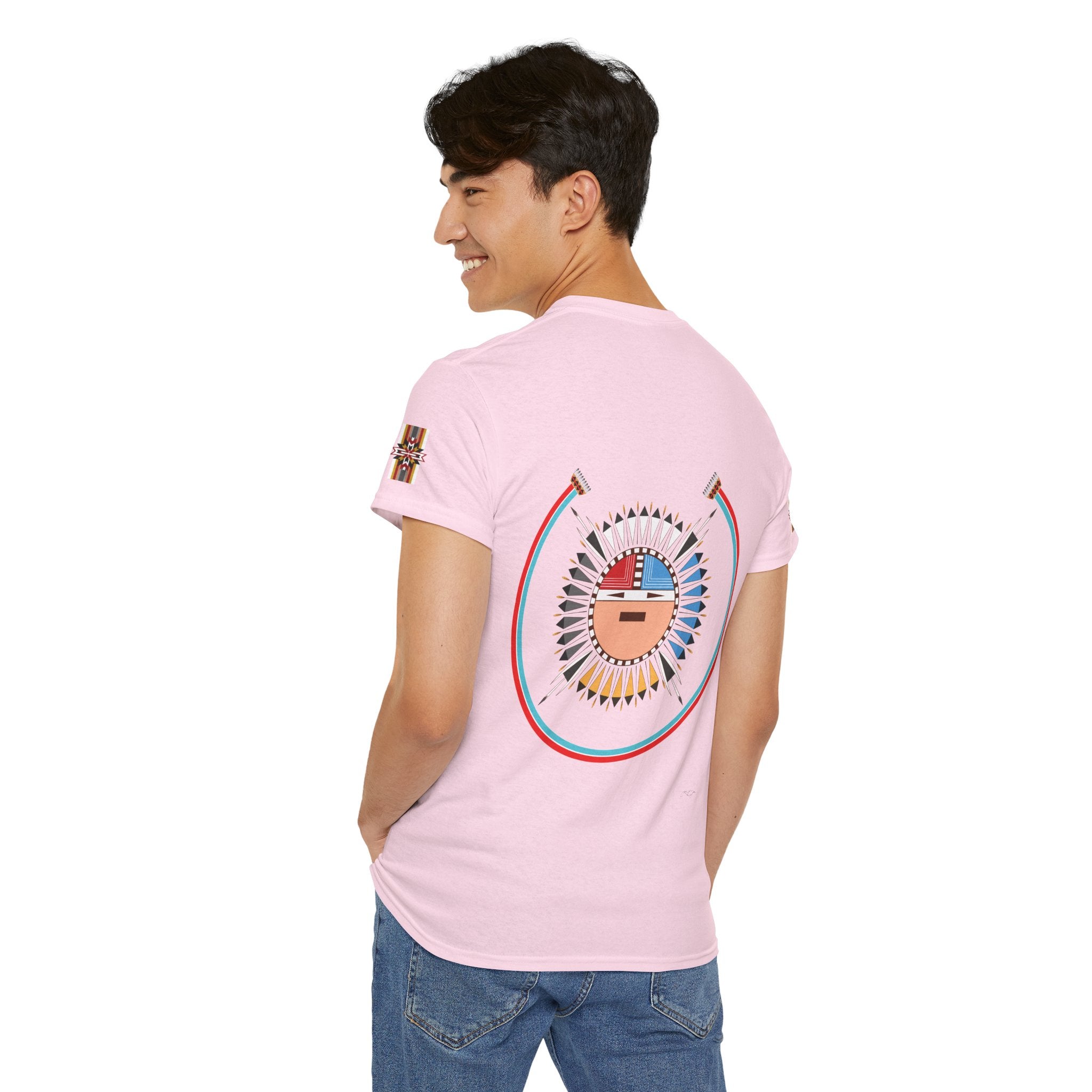 Navajo Sun Graphic Tee — Circular Tribal Shield Chest & Back Print