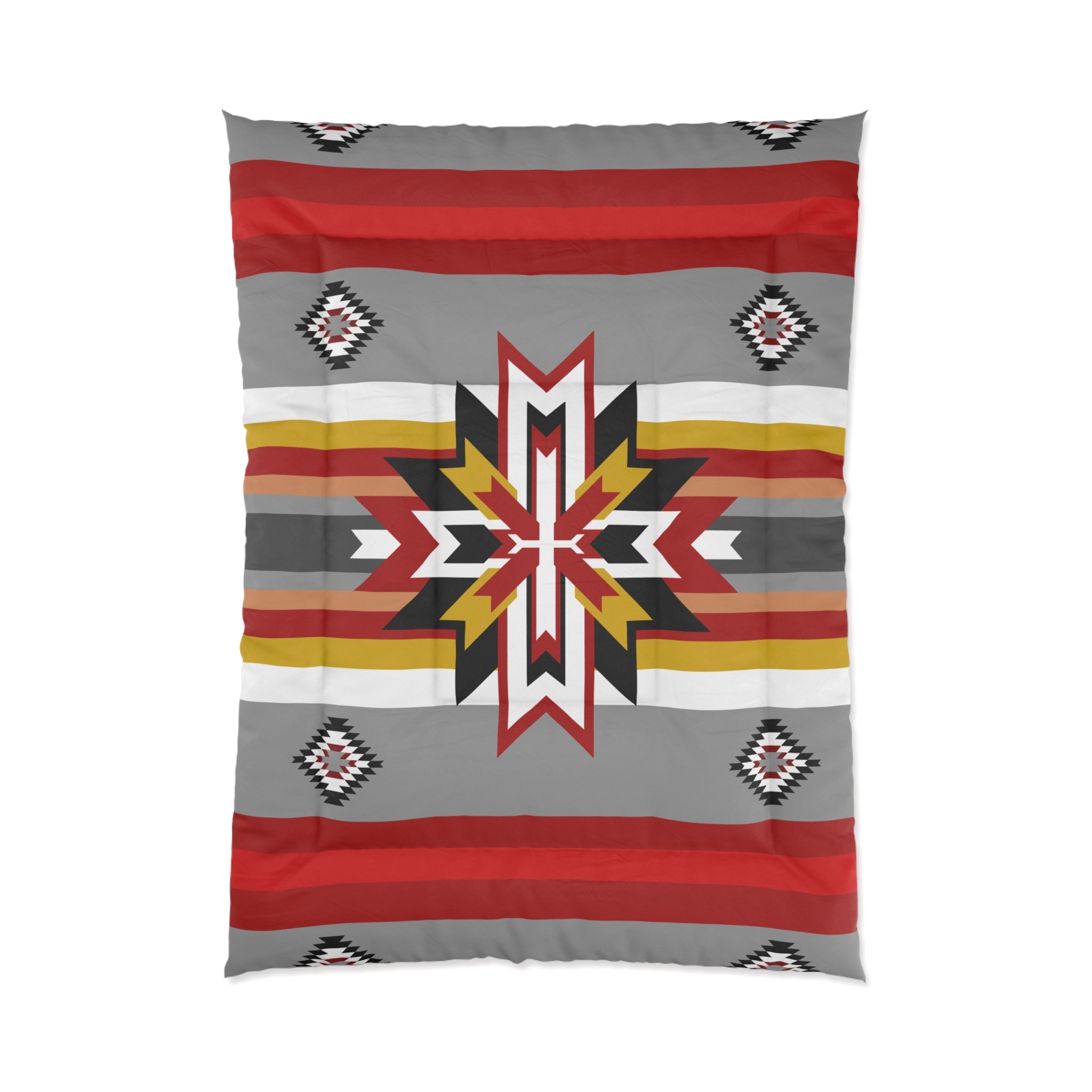 Southwestern Star Comforter – Native Geometric Stripe Bedding in Red, Gray & Gold