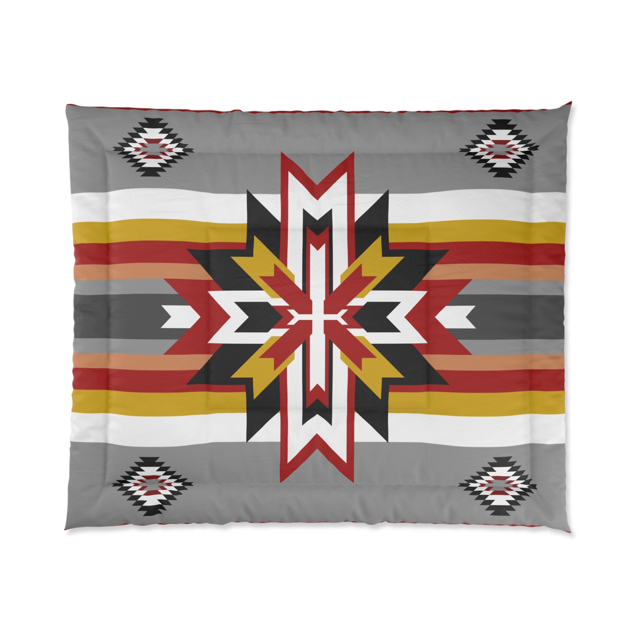 Southwestern Star Comforter – Native Geometric Stripe Bedding in Red, Gray & Gold