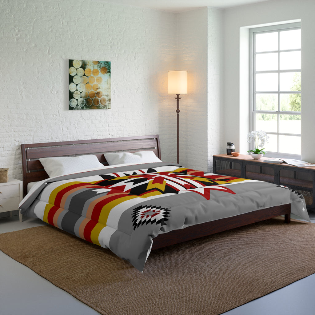 Southwestern Star Comforter – Native Geometric Stripe Bedding in Red, Gray & Gold