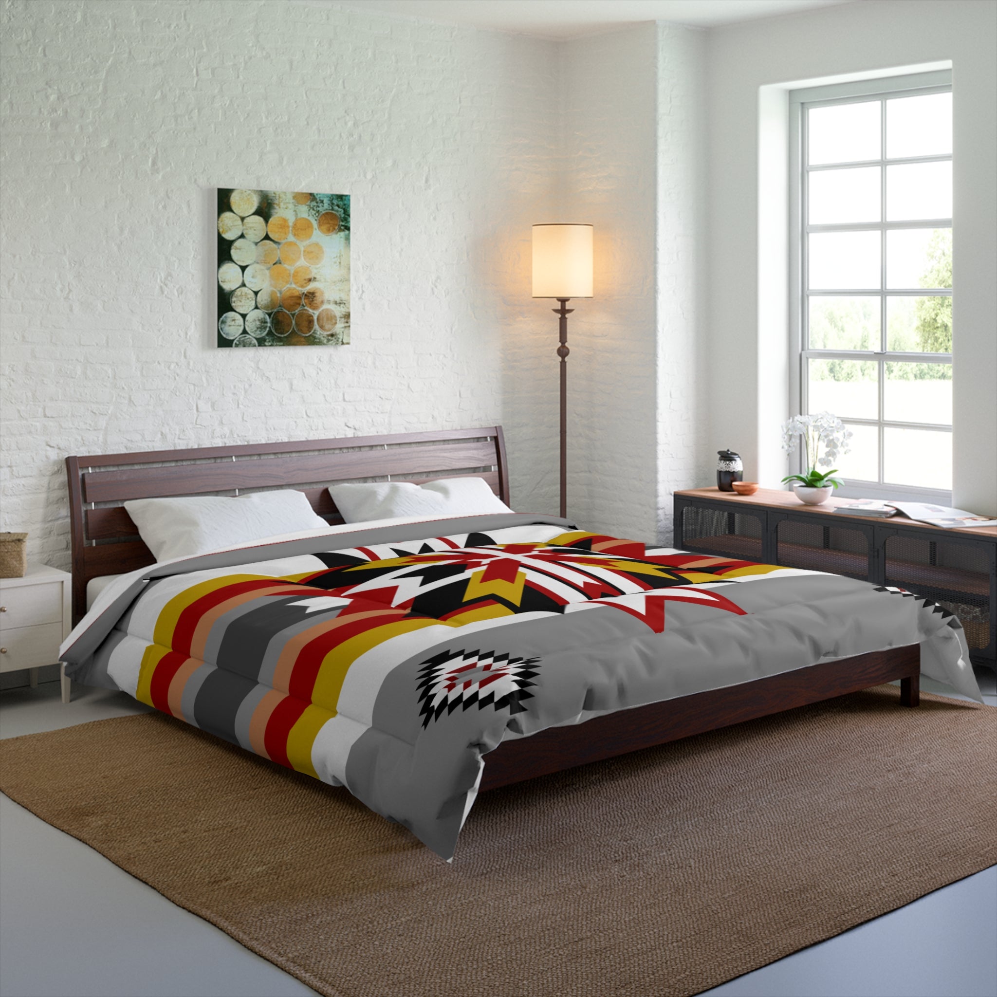 Southwestern Star Comforter – Native Geometric Stripe Bedding in Red, Gray & Gold