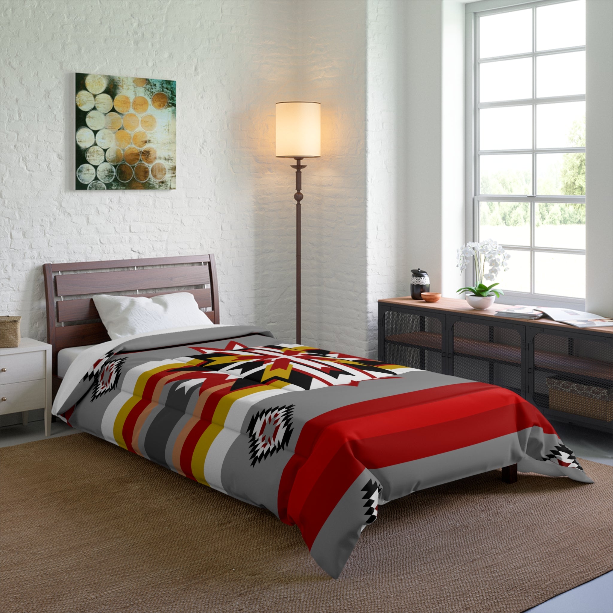 Southwestern Star Comforter – Native Geometric Stripe Bedding in Red, Gray & Gold